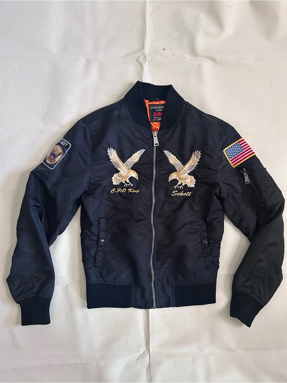 Schott Black Bomber Jacket with Eagle Embroidery